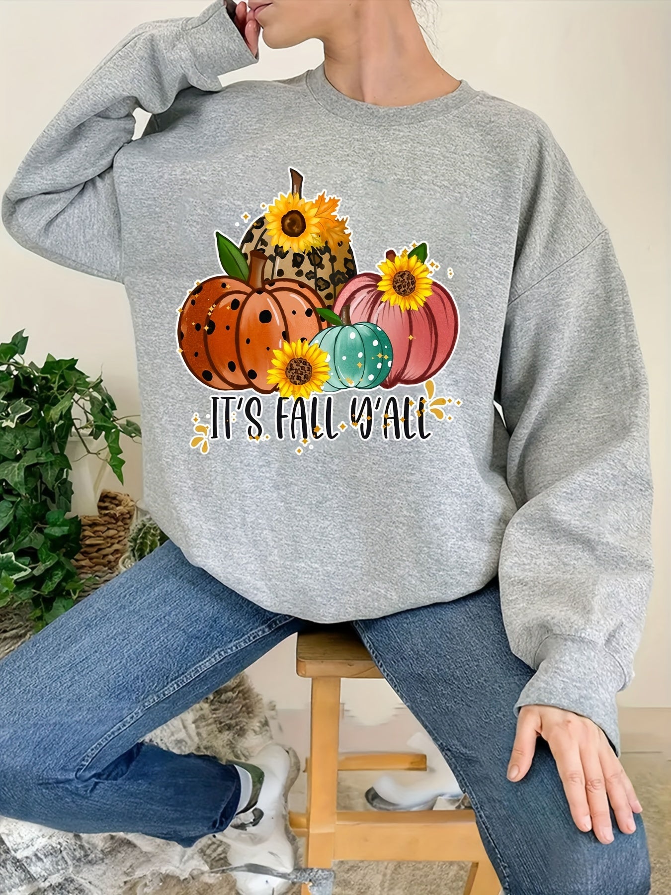 Fall Y'all Print Loose Sweatshirt Casual Long Sleeve