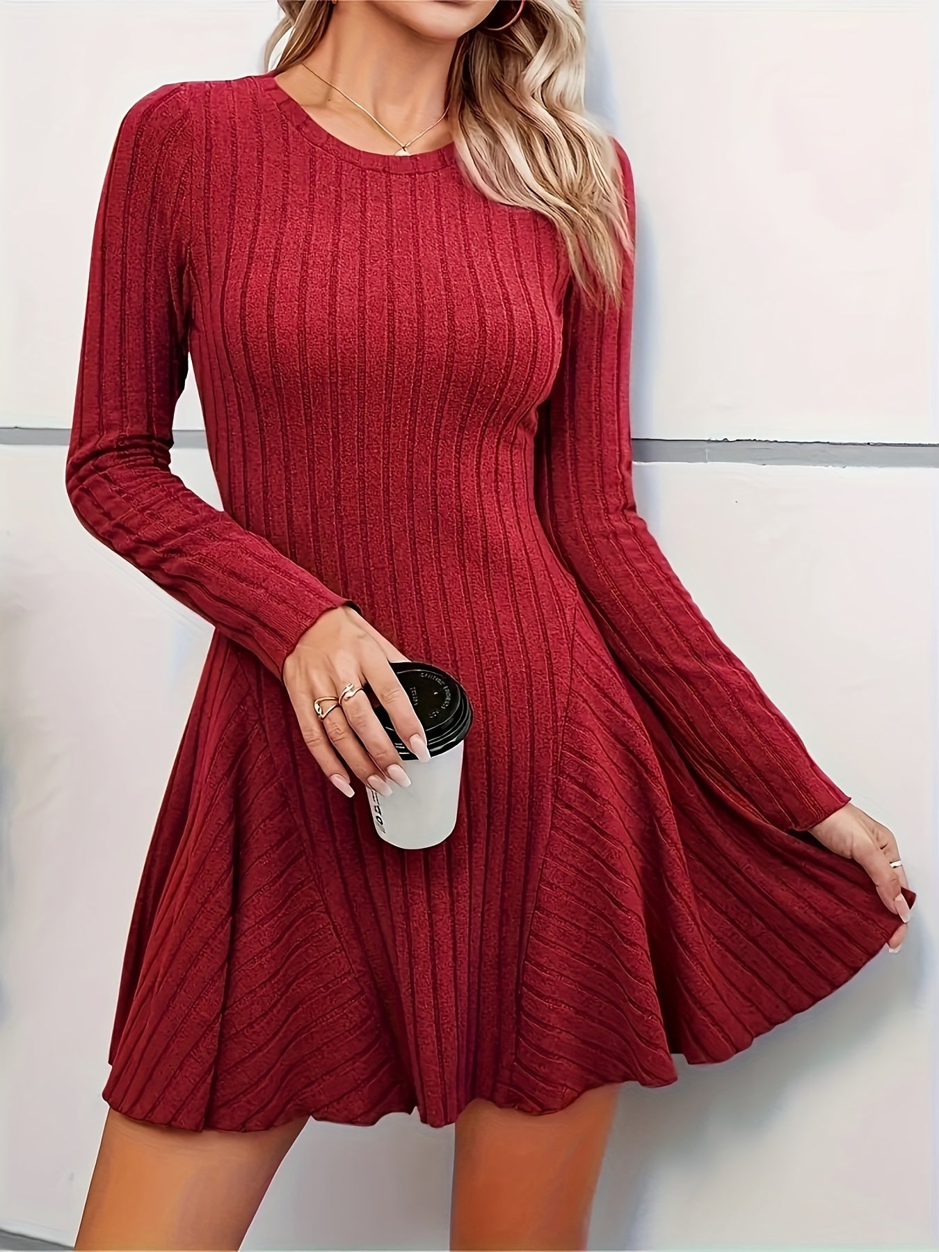 Long Sleeve Ribbed A-Line Dress