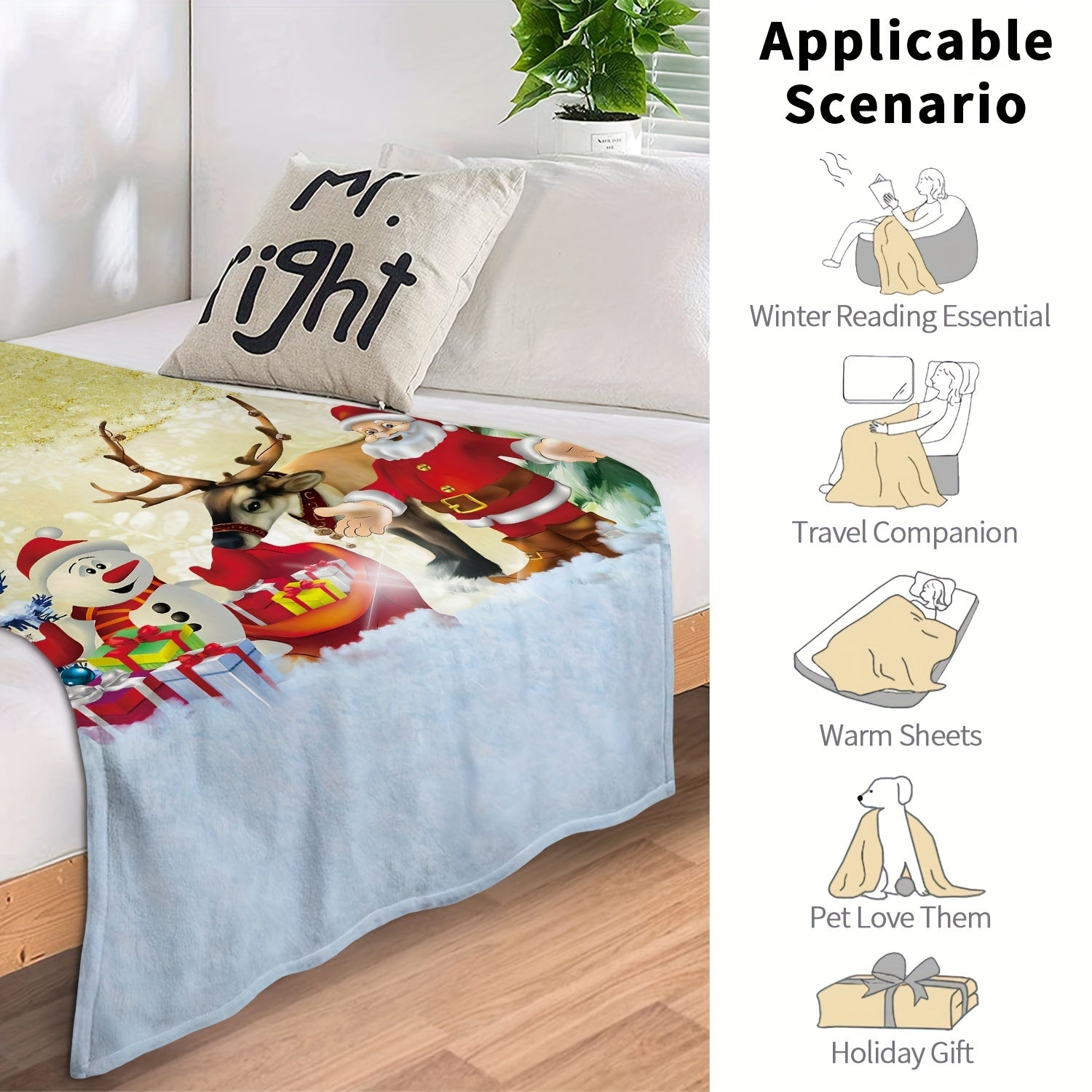 Christmas Snow Santa Claus Elk Blanket Warm Flannel Throw Travel Outdoor