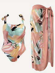 Retro Style One Piece Bathing Suit with Cover Up