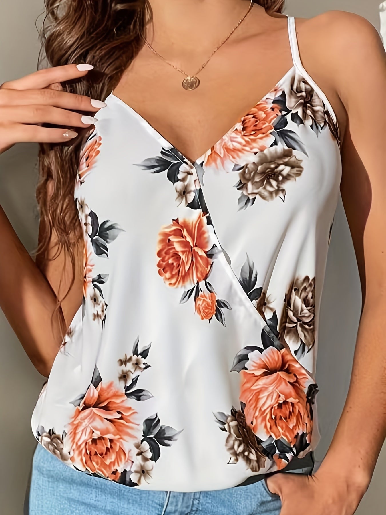 Floral Print Cami Top V Neck Sleeveless Summer Top