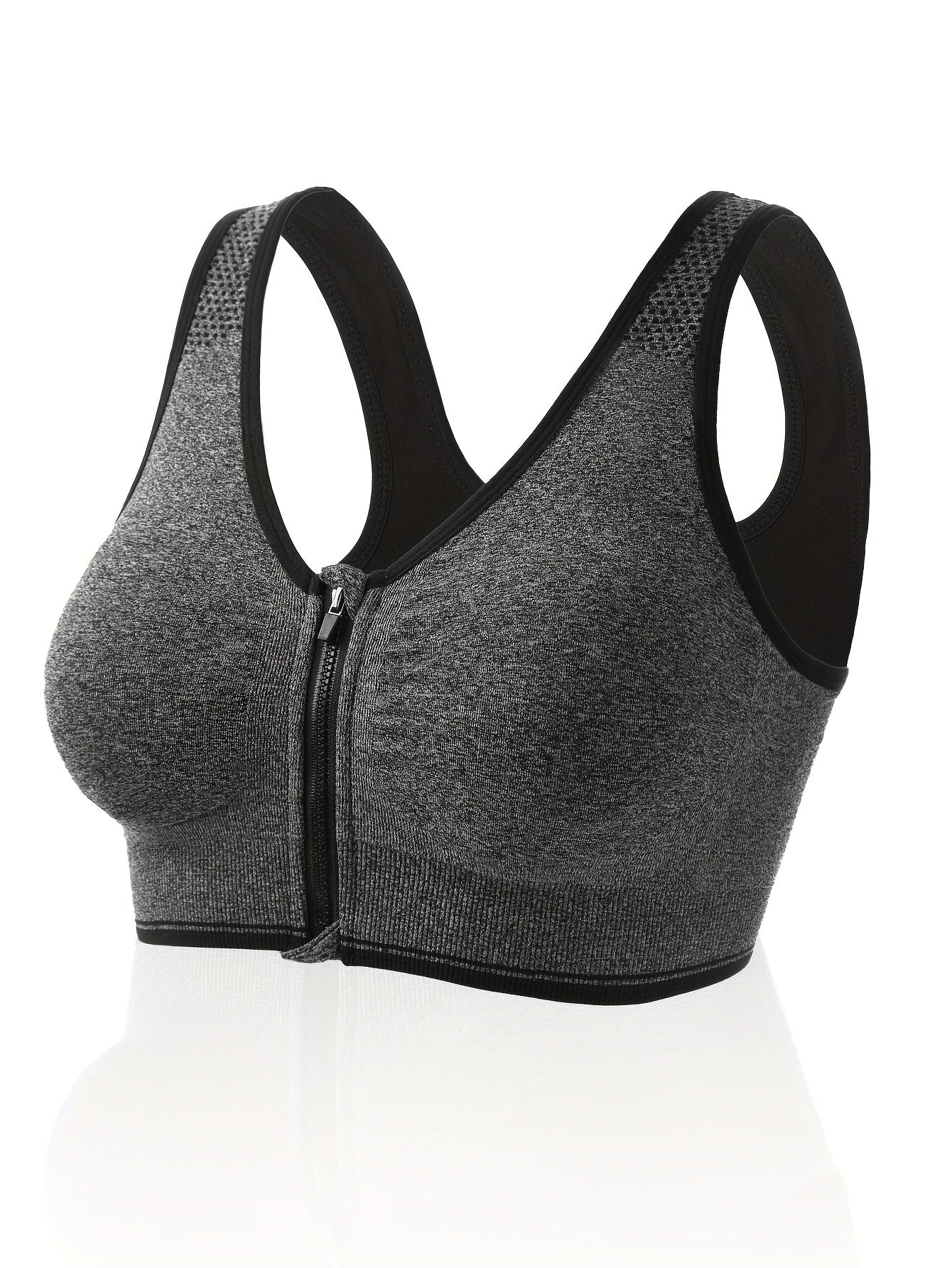 Plus Size Zipper Front Racer Back Sports Bra Wireless Running Gym Bra