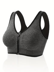 Plus Size Zipper Front Racer Back Sports Bra Wireless Running Gym Bra