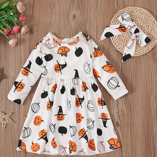 Girls Halloween Pumpkin Pattern Long-sleeved Dress Set