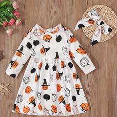 Girls Halloween Pumpkin Pattern Long-sleeved Dress Set