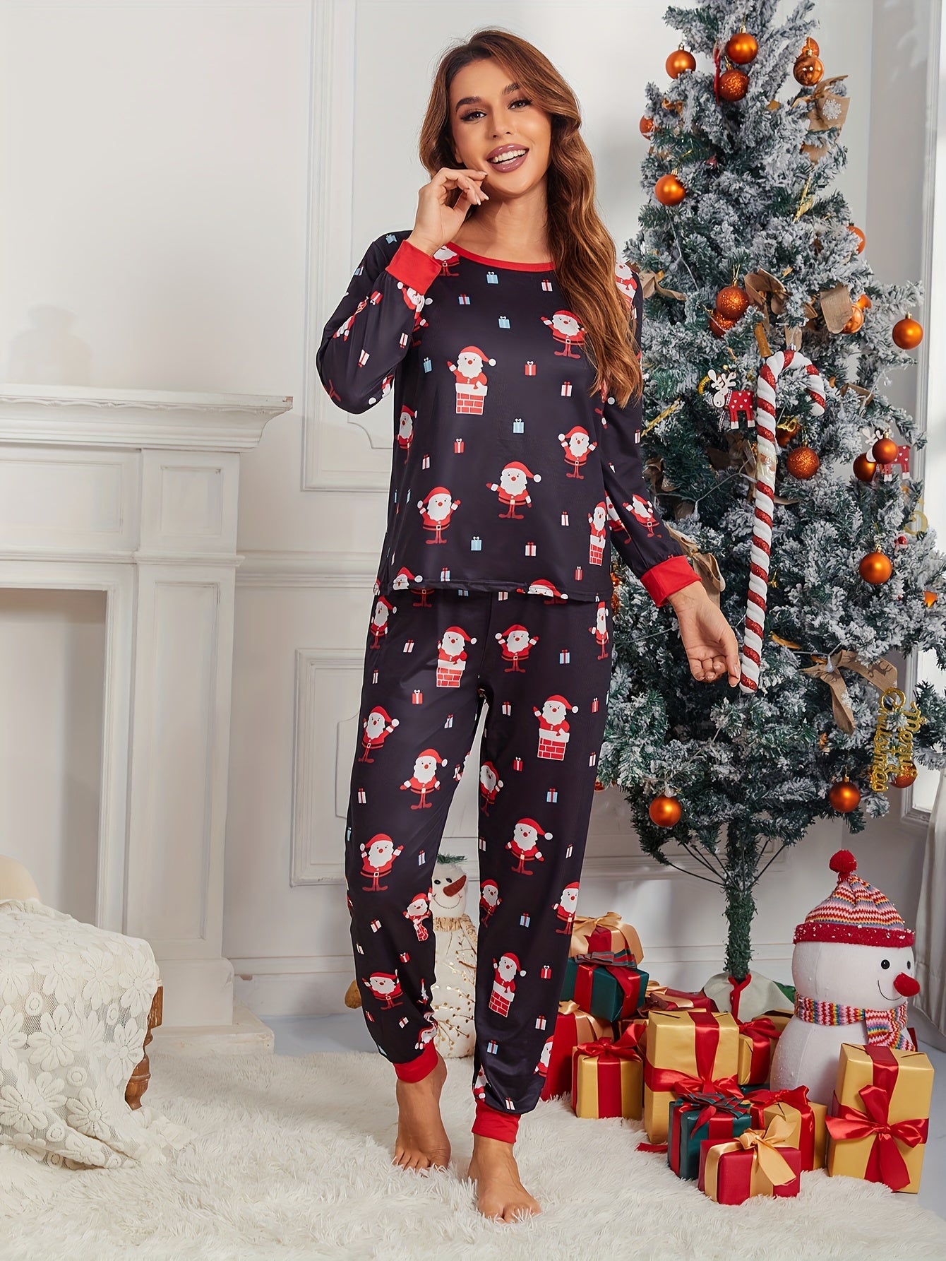 Christmas Print Pajama Set Long Sleeve Top & Pants Women's Sleepwear