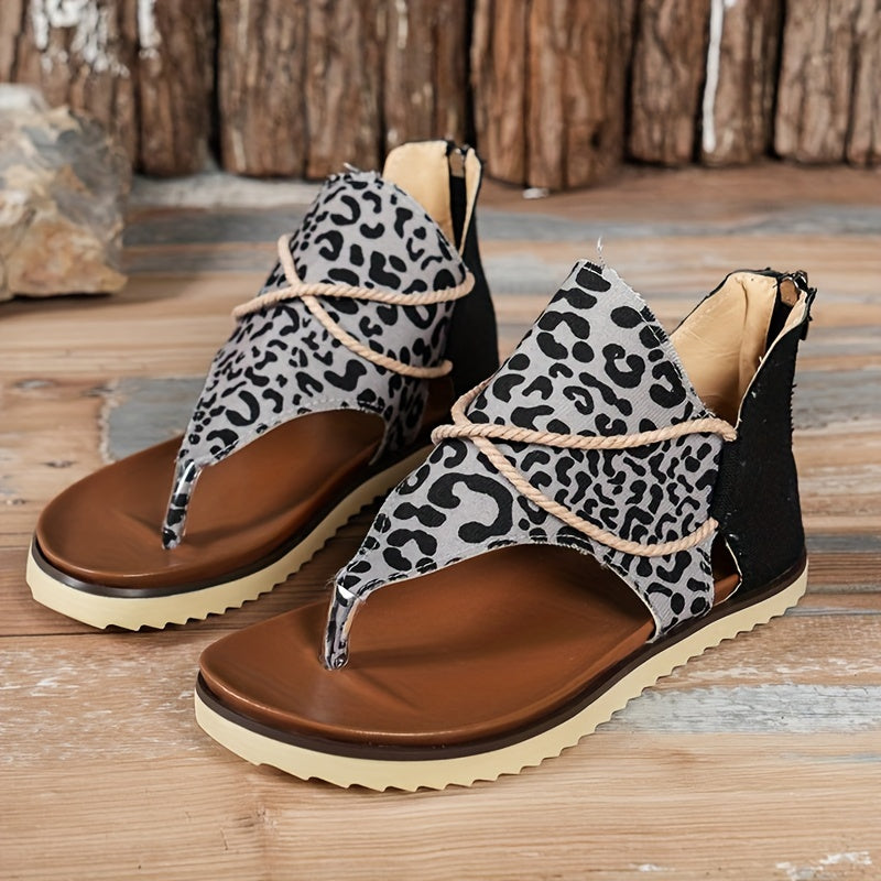 Leopard Print Thong Sandal Cross Strap Zipper Back Summer Flat Sandals Vacation