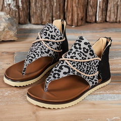 Leopard Print Thong Sandal Cross Strap Zipper Back Summer Flat Sandals Vacation