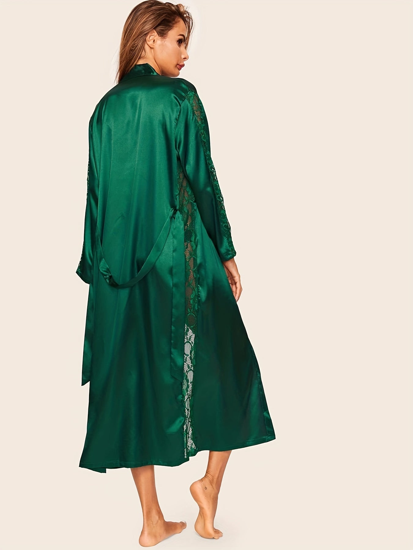 Lace Satin Night Robe Long Sleeve V Neck Belted Women's Sleepwear