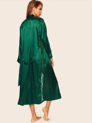 Lace Satin Night Robe Long Sleeve V Neck Belted Women's Sleepwear