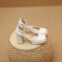 Women's Square Toe Block Heel Pumps with Buckle Strap