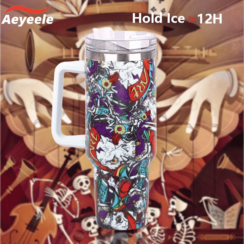 40oz Skull Print Water Bottle Stainless Steel Insulated Tumbler with Lid & Straw
