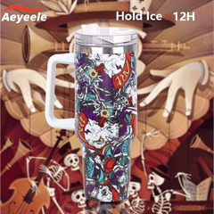 40oz Skull Print Water Bottle Stainless Steel Insulated Tumbler with Lid & Straw