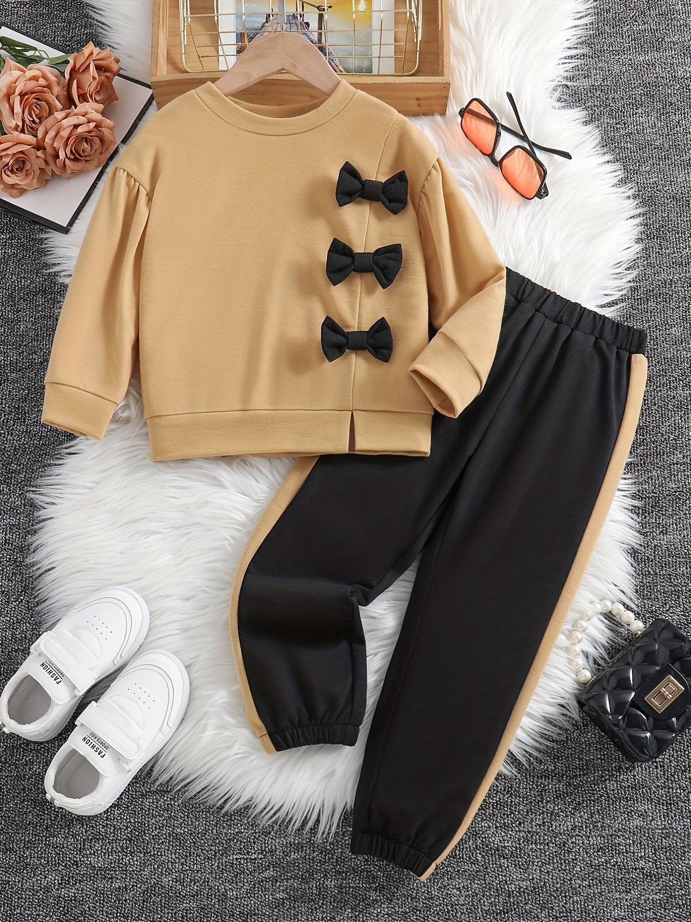 Girls 2pcs Sweatshirt & Pants Set Bow Decor Long Sleeve Pullover Top Casual Kids