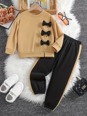 Girls 2pcs Sweatshirt & Pants Set Bow Decor Long Sleeve Pullover Top Casual Kids