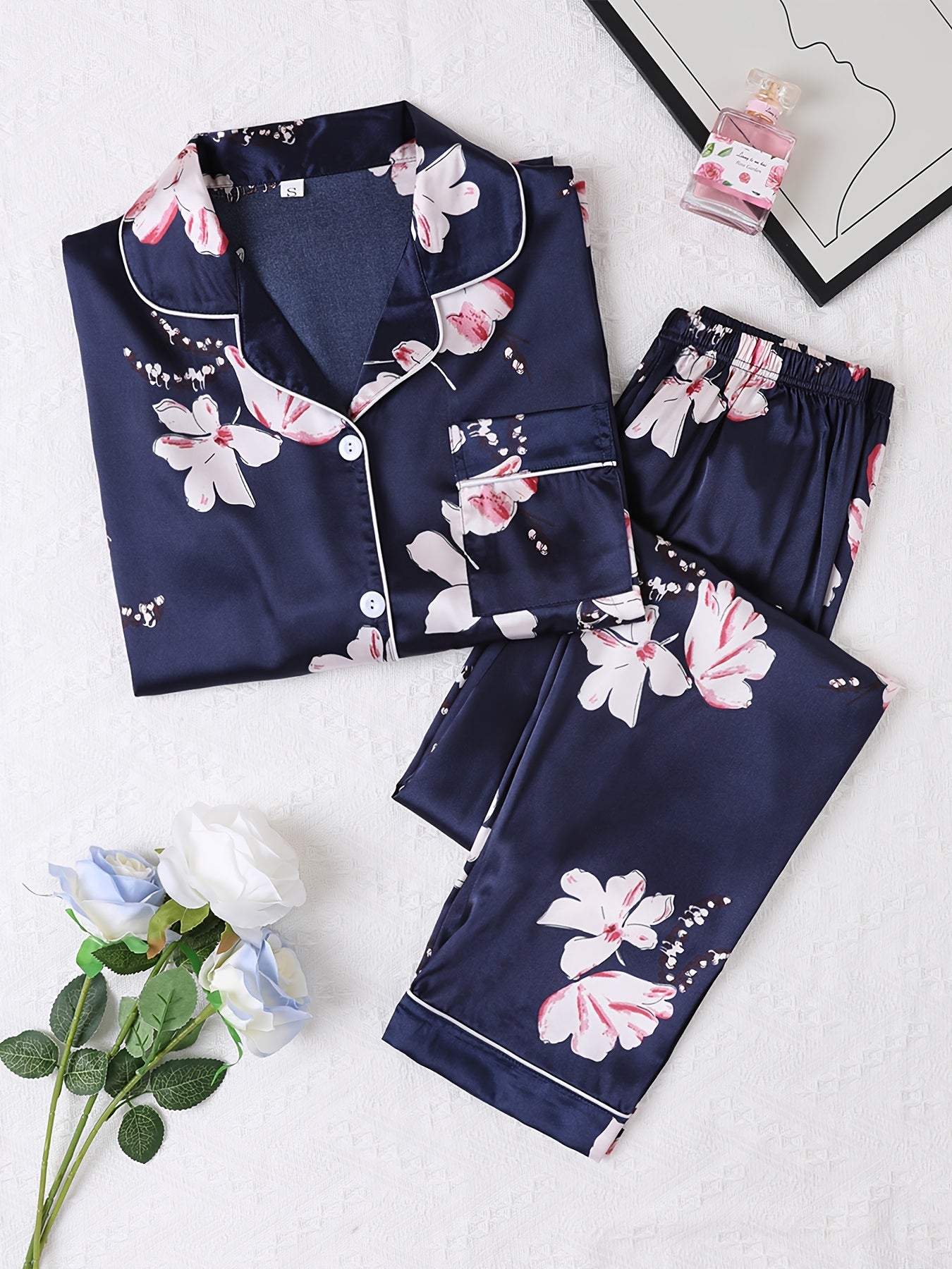 Floral Print Pajama Set Long Sleeve Lapel Buttons Top & Elastic Waistband Pants