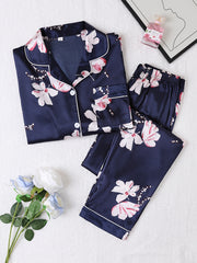 Floral Print Pajama Set Long Sleeve Lapel Buttons Top & Elastic Waistband Pants