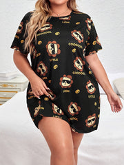 Plus Size Nightdress Cartoon Print Short Sleeve Round Neck Casual Sleep Dress