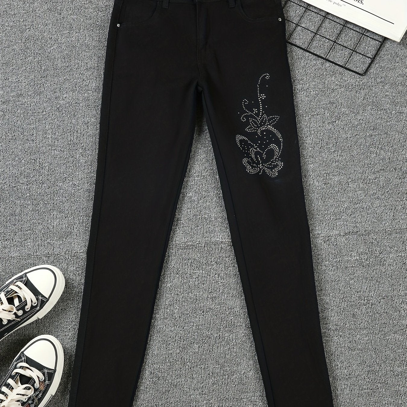 Glitter Flower Rhinestone Denim Pants Skinny Jeans Women's Clothing
