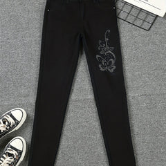 Glitter Flower Rhinestone Denim Pants Skinny Jeans Women's Clothing