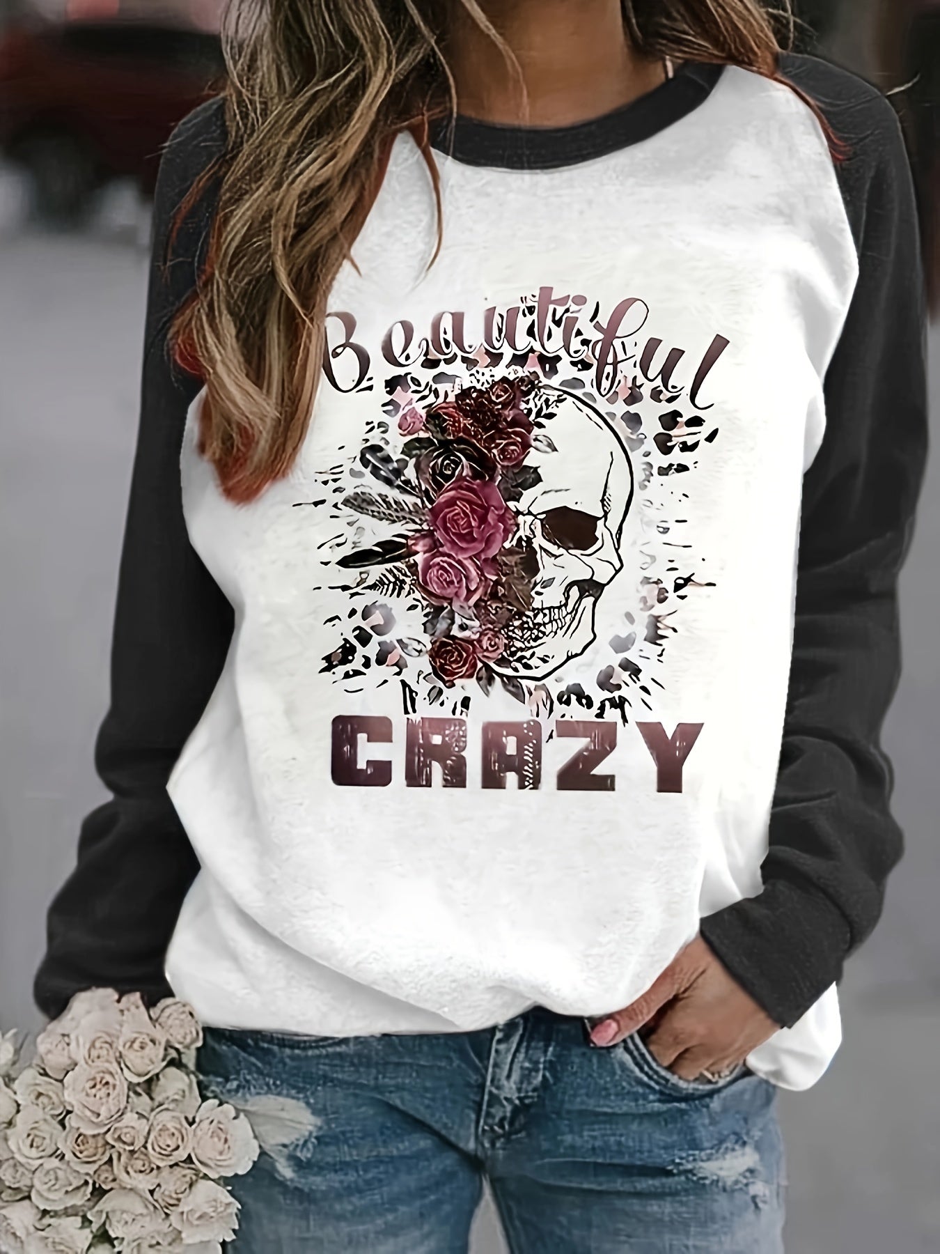 Crazy & Skull Print Sweatshirt Long Sleeve Crew Neck Women's Clothing