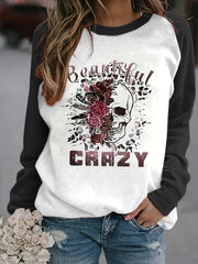 Crazy & Skull Print Sweatshirt Long Sleeve Crew Neck Women's Clothing