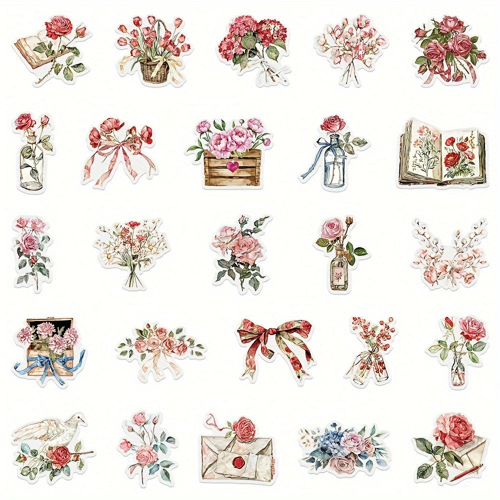 50pcs PET Floral & Letter Stickers Adhesive Shapes Laptop Phone Case Decoration