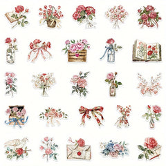 50pcs PET Floral & Letter Stickers Adhesive Shapes Laptop Phone Case Decoration