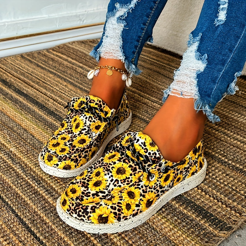Leopard & Sunflower Print Canvas Lace-up Low Top Shoes Lightweight Outdoor