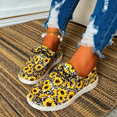 Leopard & Sunflower Print Canvas Lace-up Low Top Shoes Lightweight Outdoor