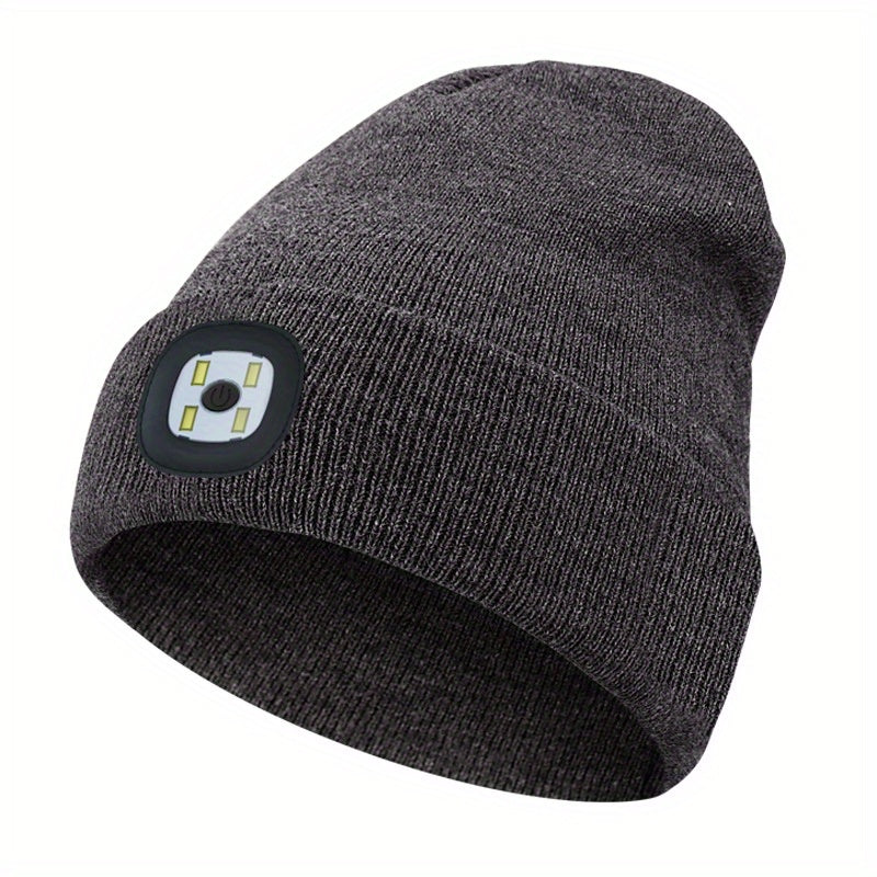 USB Rechargeable LED Beanie Solid Elastic Warm Knit Hat Unisex Skull Cap