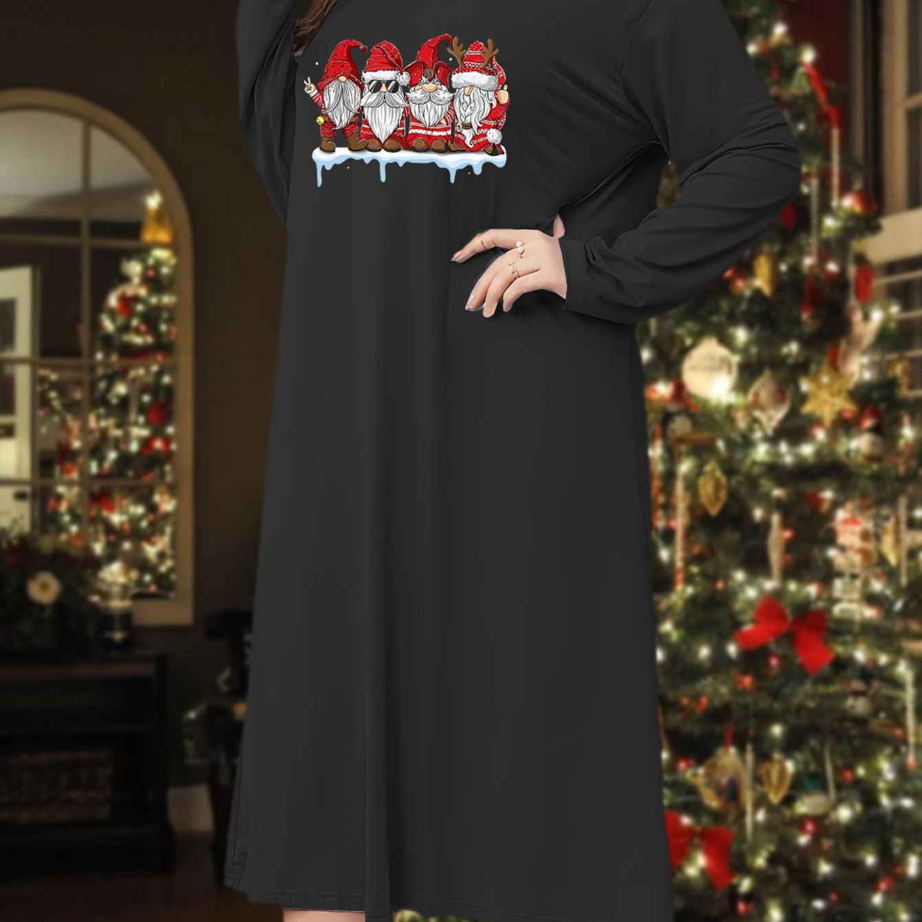 Christmas Lounge Dress Women's Plus Gnomes Print Tee Sleep Dress