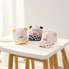Kids Cartoon Bear Baseball Cap with Plaid Pattern for Outdoor Play