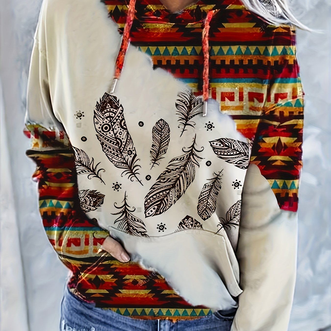 Ethnic Print Kangaroo Pocket Hoodie Long Sleeve Hoodie