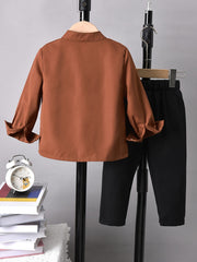 Boy's Geometric Pattern Shirt & Pants Set for Spring Fall
