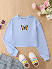 Butterfly Graphic Girl's Sweatshirt Long Sleeve Round Neck Crop Tops Pullover
