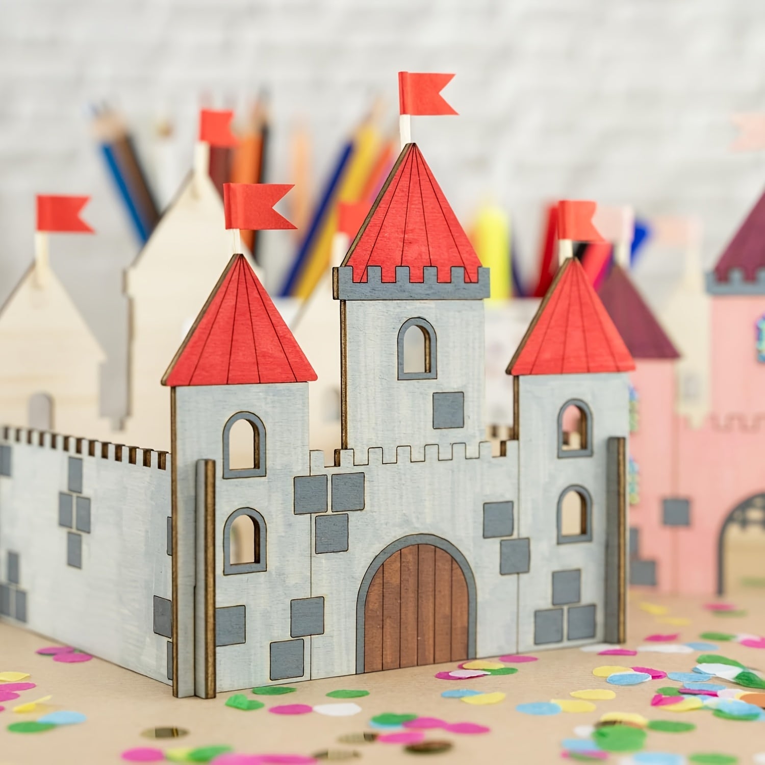 6pcs Wooden Castle Craft Kit DIY Unfinished Wooden Castle House Building