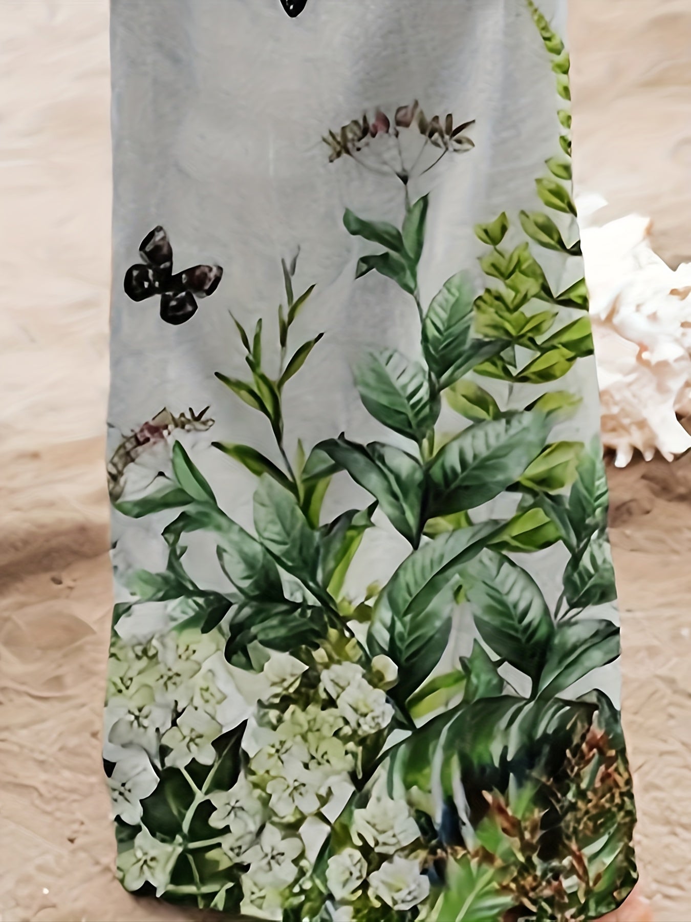 Plus Plant & Butterfly Print Shirred Waist High Rise Wide Leg Trousers