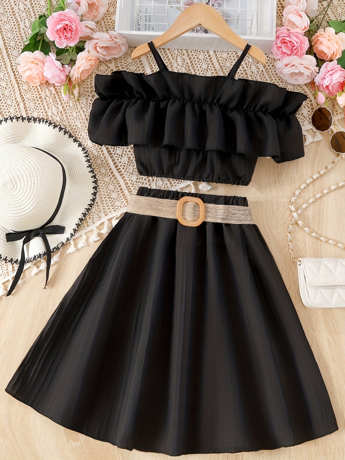 Girl's Off Shoulder Ruffle Camisole & Flared Skirt Set - Summer Outfits