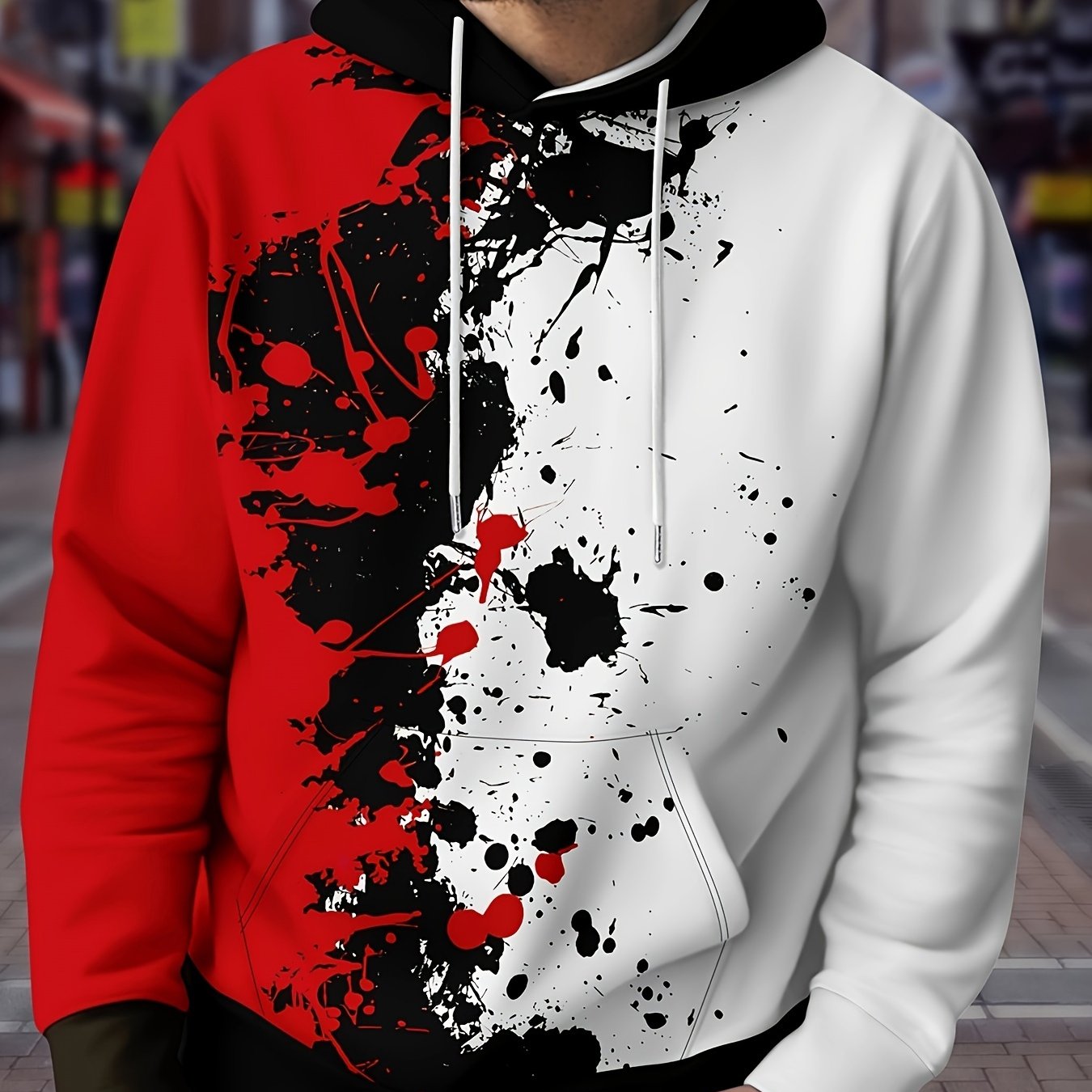 Men's Ink Print Block Hoodie Loose Pullover for Autumn Winter