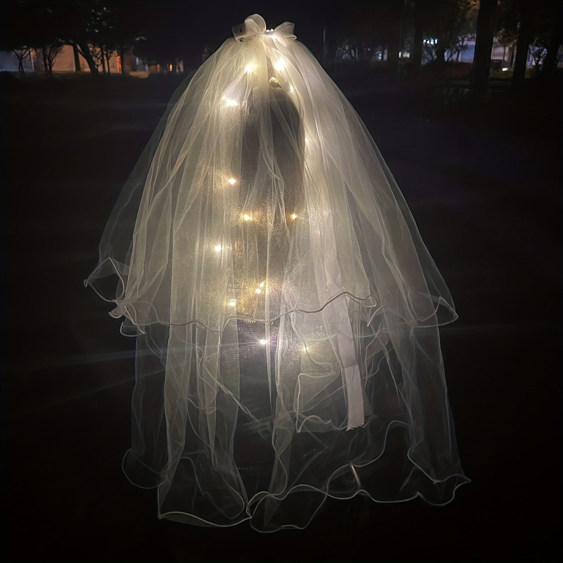 LED Luminous Head Veil Fairy Ribbon Bow Veil With Light String