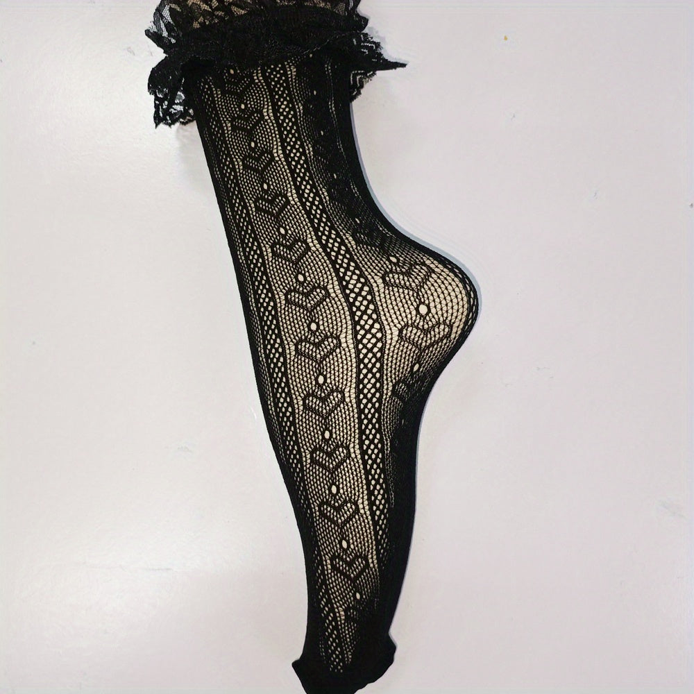 Breathable Heart Pattern Hollow Semi Sheer Short Stockings