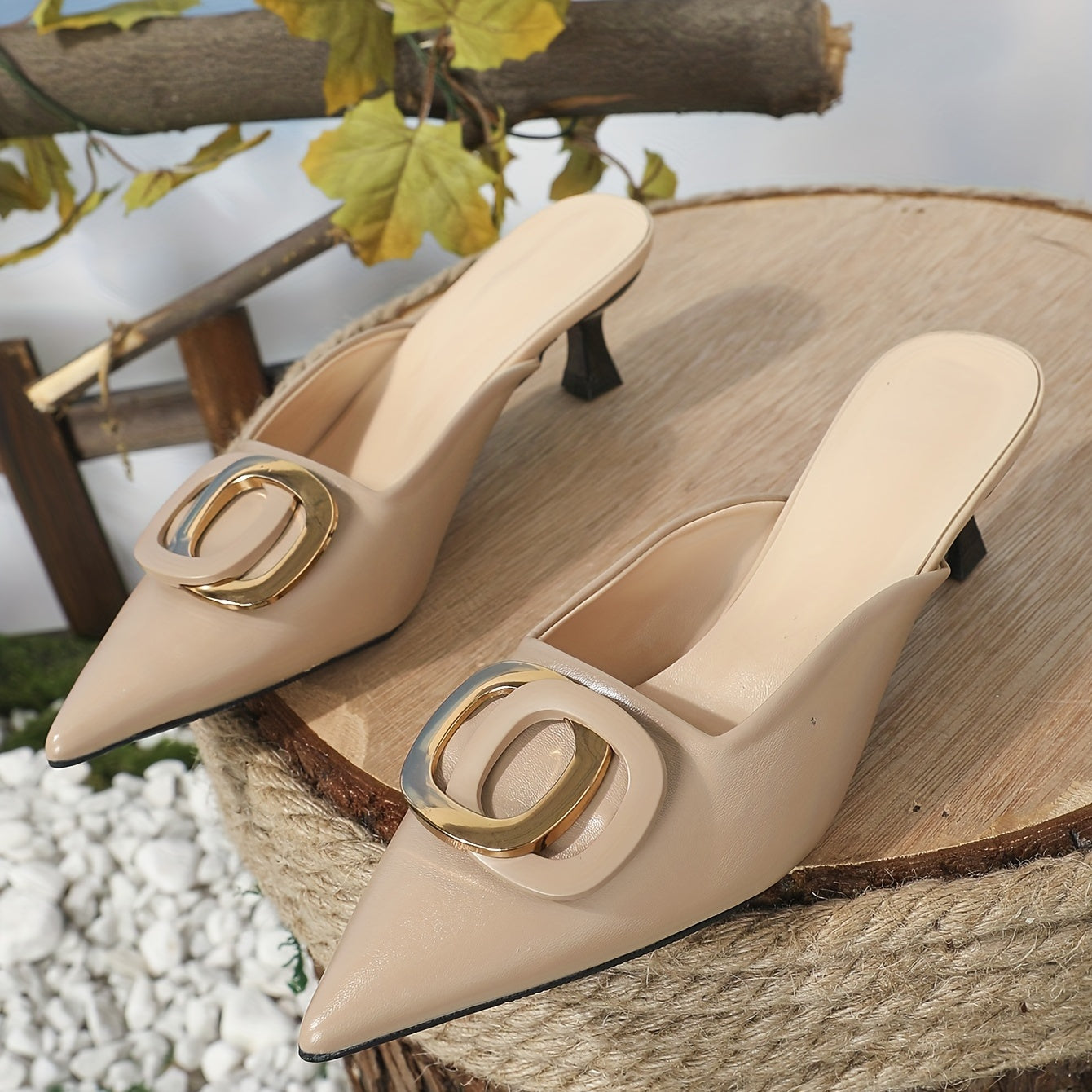 Women's Buckle Slingback Kitten Heels Pointed Toe Slip On Sandals