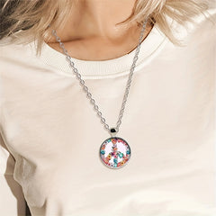 Sweet Flower Peace Sign Round Pendant Necklace for Girls