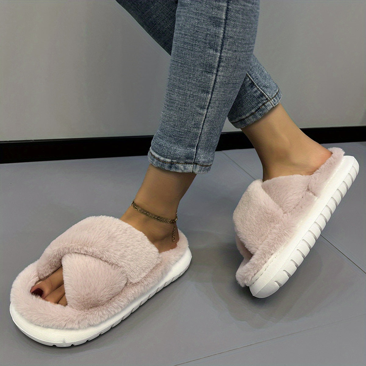 Women's Pink Fuzzy Platform Slippers Open Toe Solid Fluffy Shoes