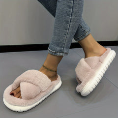 Women's Pink Fuzzy Platform Slippers Open Toe Solid Fluffy Shoes