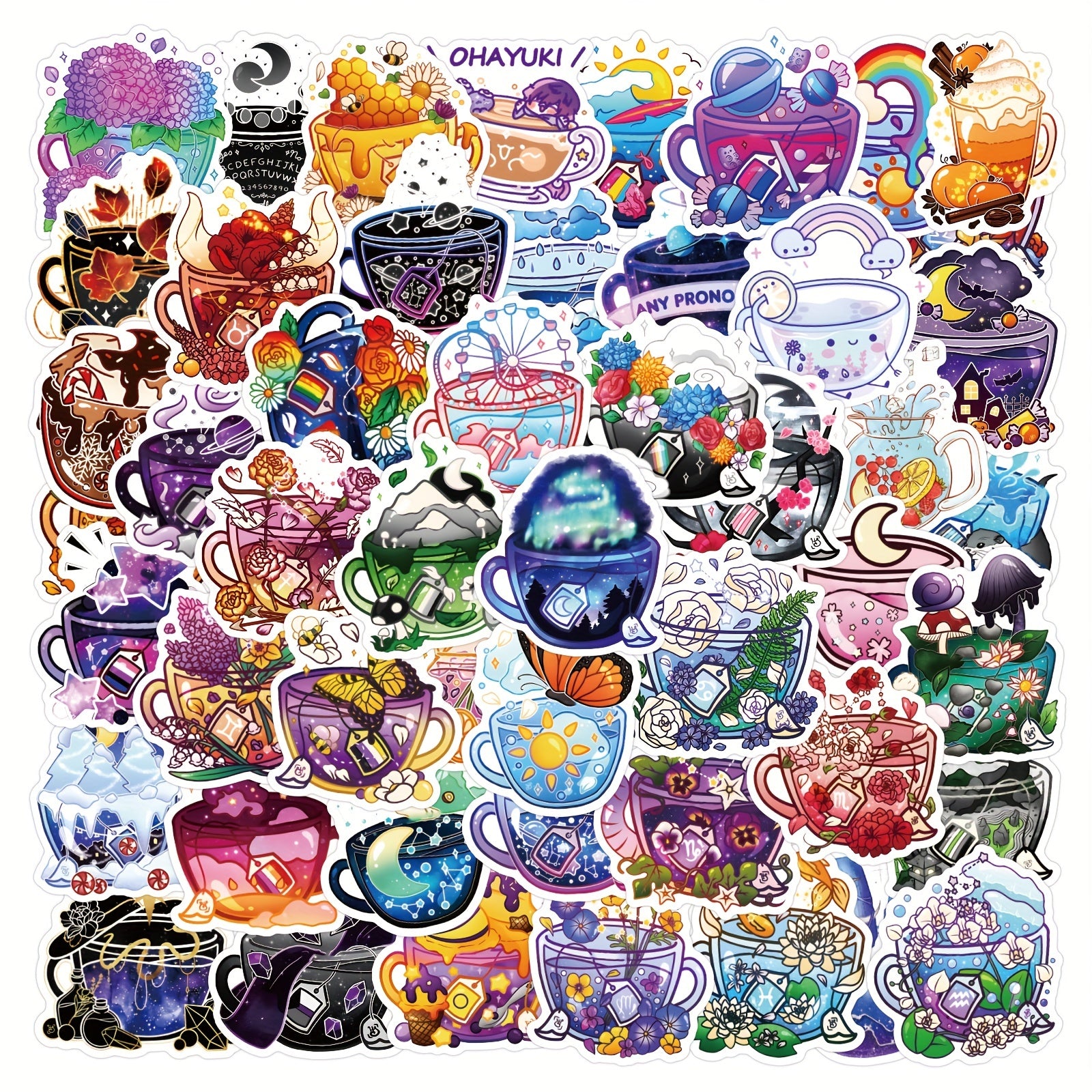 50pcs Colorful Tea Cup Stickers Waterproof Vinyl Travel Stickers Pack