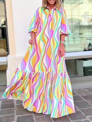 Colorblock Stripe Print Half Puff Sleeve Maxi Dress
