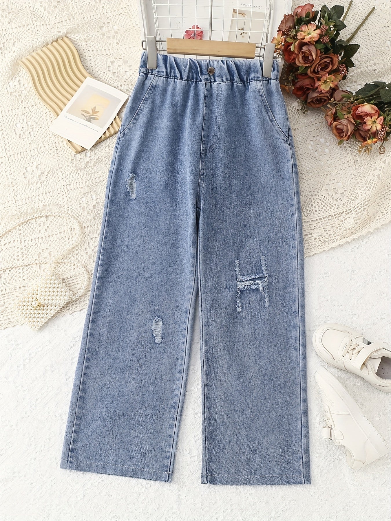 Girls' Casual Ripped Jeans Elastic Waist Wide Leg Denim Pants