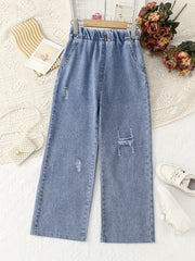 Girls' Casual Ripped Jeans Elastic Waist Wide Leg Denim Pants